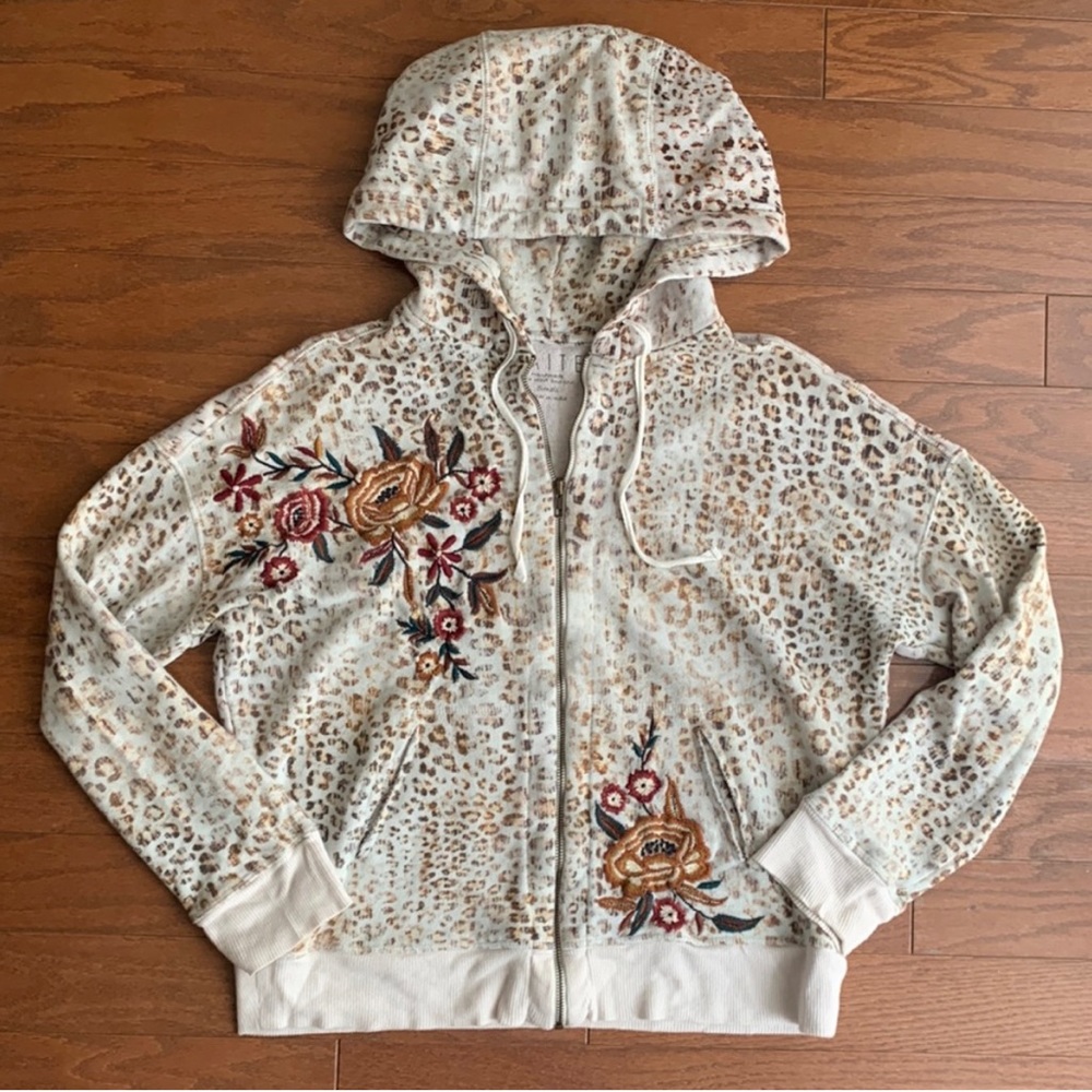 Caite Unique Leopard Print Embroidered Zip Front Hoodie Boho Eclectic Size Small